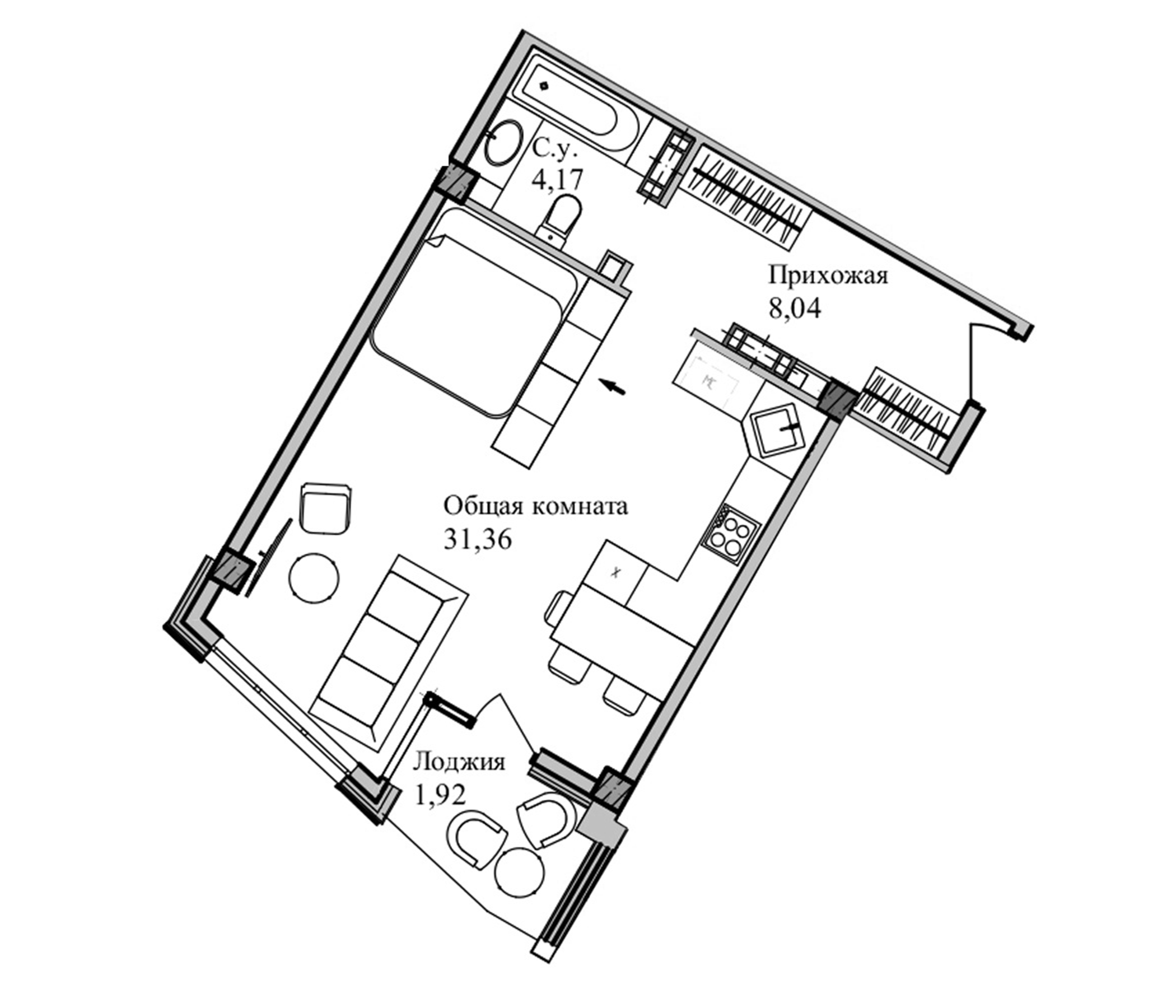 Планировка — Garden, Студия, 45 м²