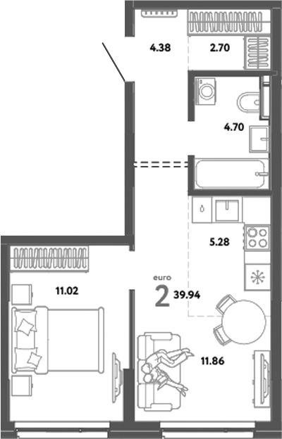 Планировка — Уральский сад, 2-комн., 40 м²