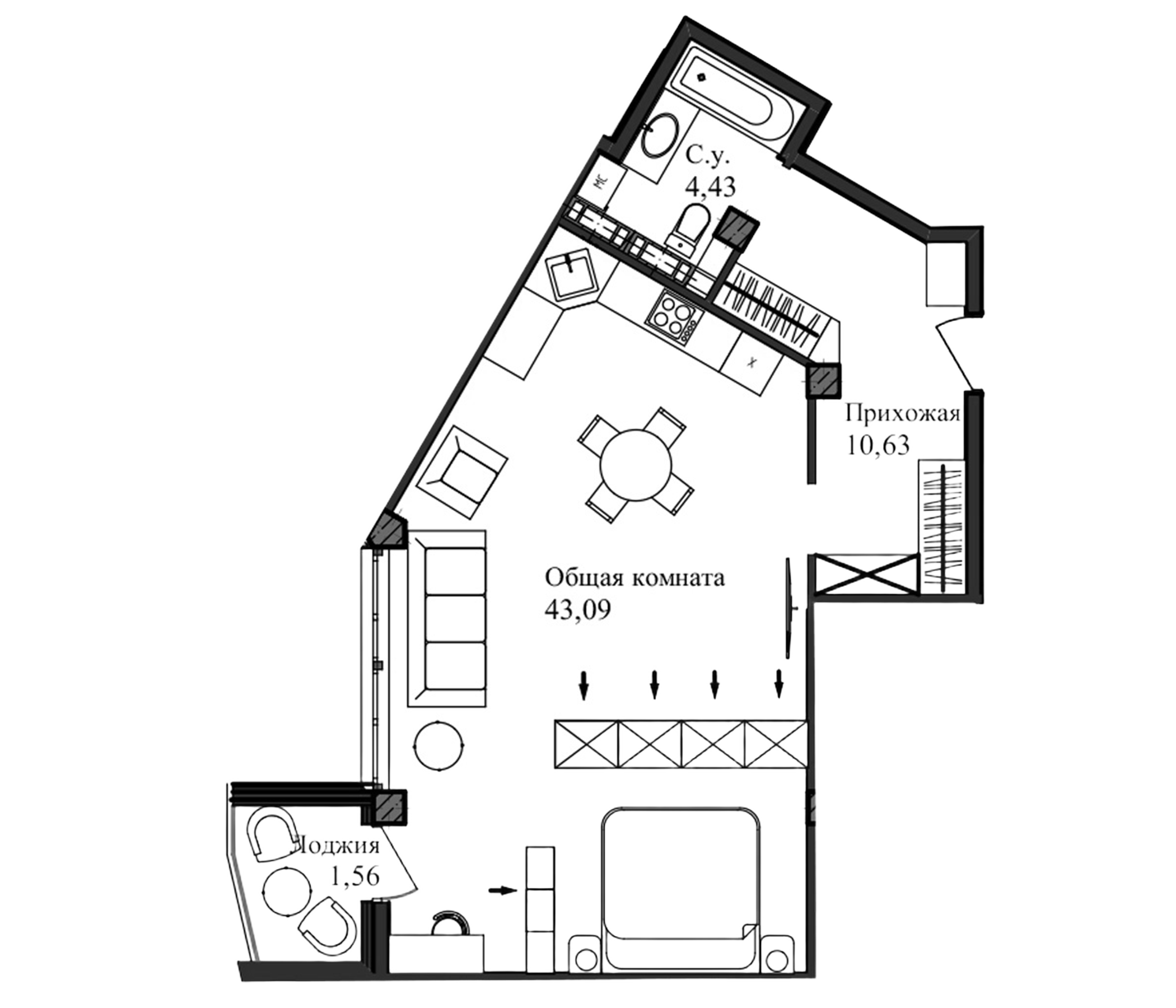 Планировка — Garden, Студия, 60 м²