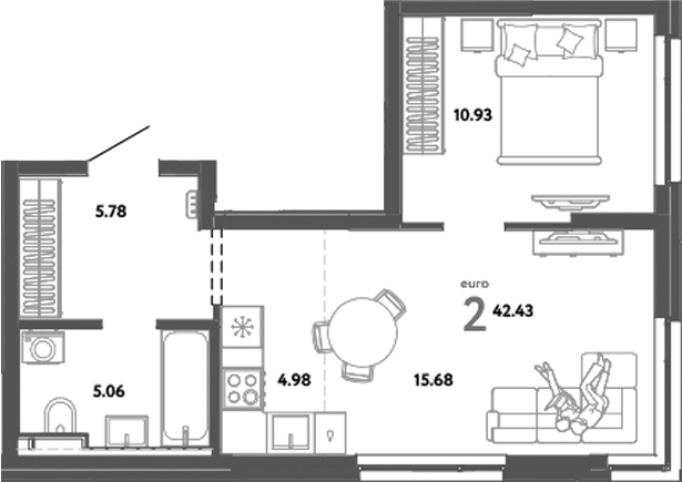 Планировка — Уральский сад, 2-комн., 42 м²