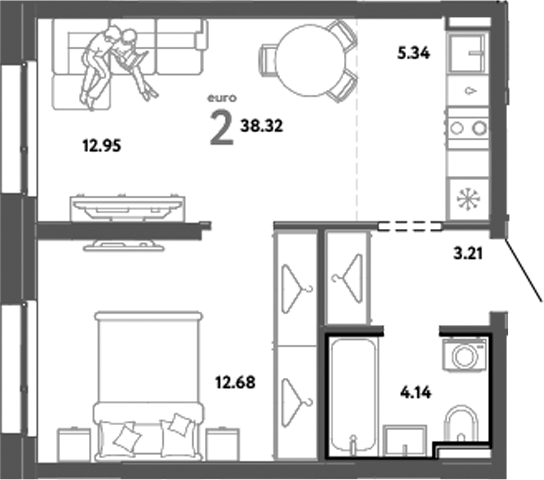 Планировка — Уральский сад, 2-комн., 38 м²