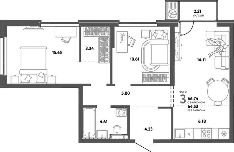 Планировка — Уральский сад, 3-комн., 65 м²