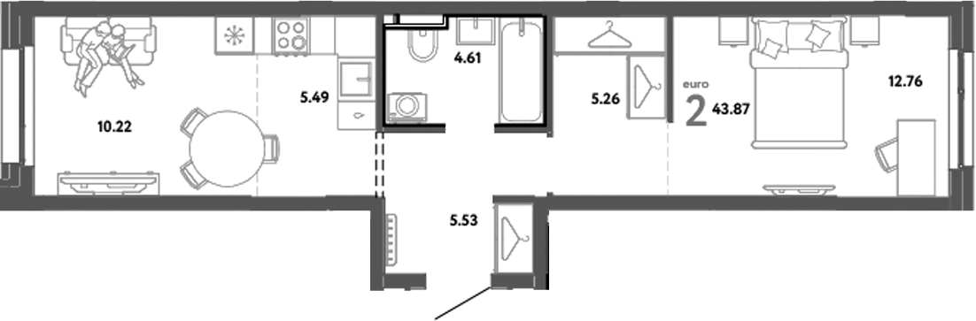 Планировка — Уральский сад, 2-комн., 44 м²
