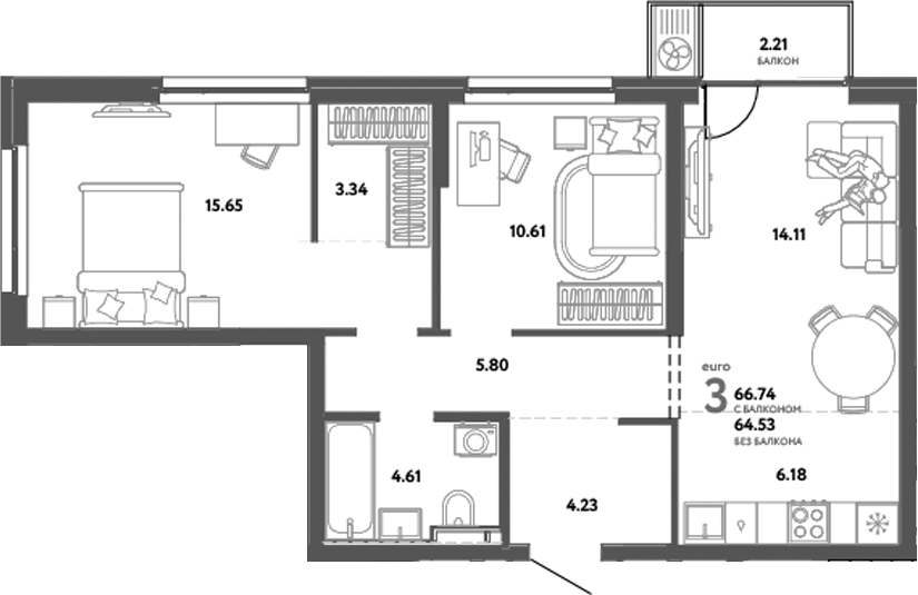 Планировка — Уральский сад, 3-комн., 65 м²