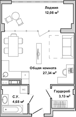 Планировка — Garden, Студия, 35 м²