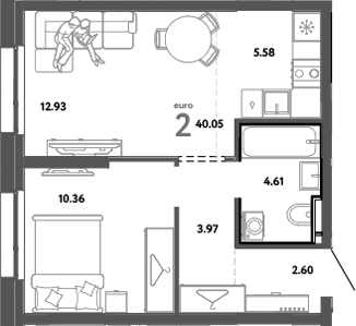 Планировка — Уральский сад, 2-комн., 40 м²