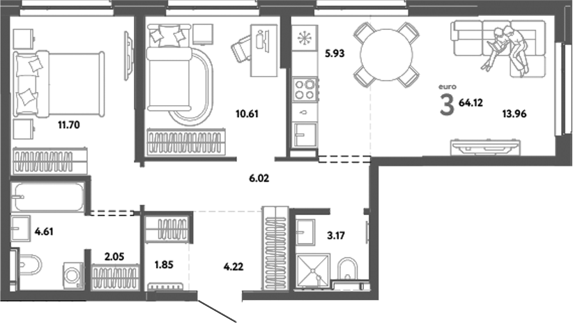 Планировка — Уральский сад, 3-комн., 64 м²