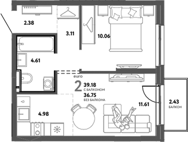 Планировка — Уральский сад, 2-комн., 37 м²