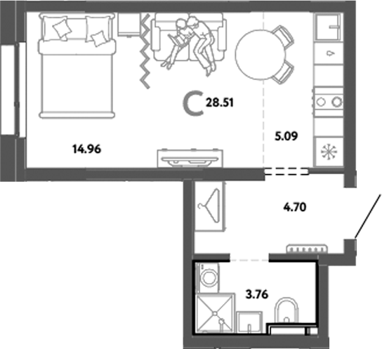 Планировка — Уральский сад, Студия, 29 м²