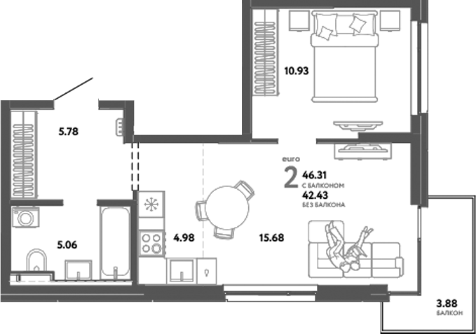 Планировка — Уральский сад, 2-комн., 42 м²