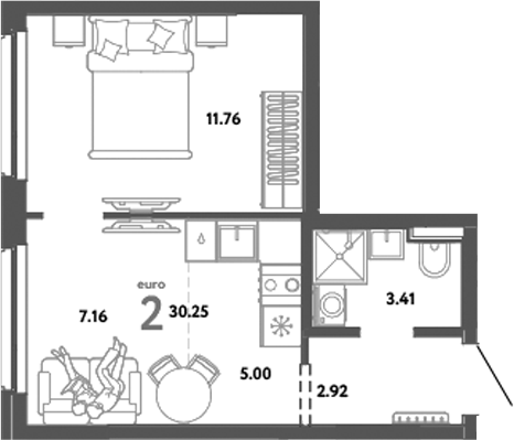 Планировка — Уральский сад, 2-комн., 30 м²