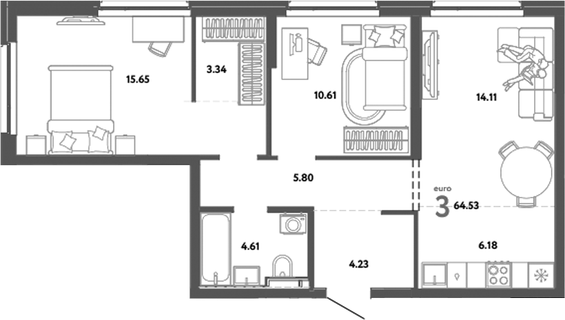 Планировка — Уральский сад, 3-комн., 65 м²