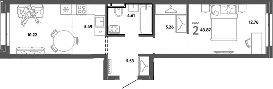 Планировка — Уральский сад, 2-комн., 44 м²
