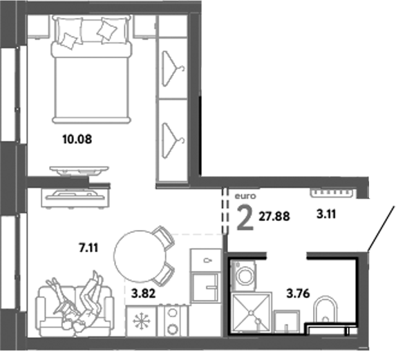Планировка — Уральский сад, 2-комн., 28 м²