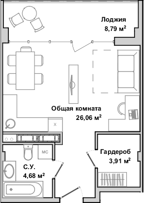 Планировка — Garden, Студия, 35 м²