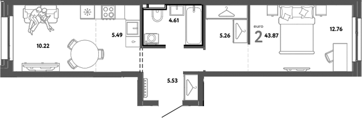 Планировка — Уральский сад, 2-комн., 44 м²