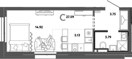 Планировка — Уральский сад, Студия, 28 м²