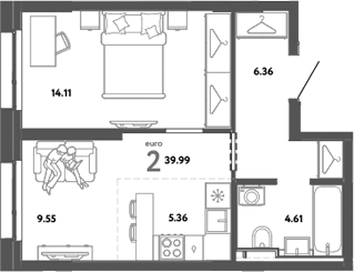 Планировка — Уральский сад, 2-комн., 40 м²