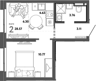 Планировка — Уральский сад, 2-комн., 29 м²