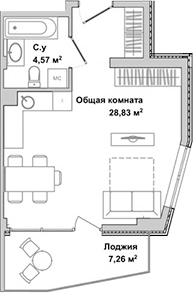 Планировка — Garden, Студия, 32 м²