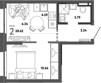 Планировка — Уральский сад, 2-комн., 29 м²