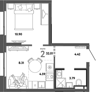 Планировка — Уральский сад, 2-комн., 32 м²