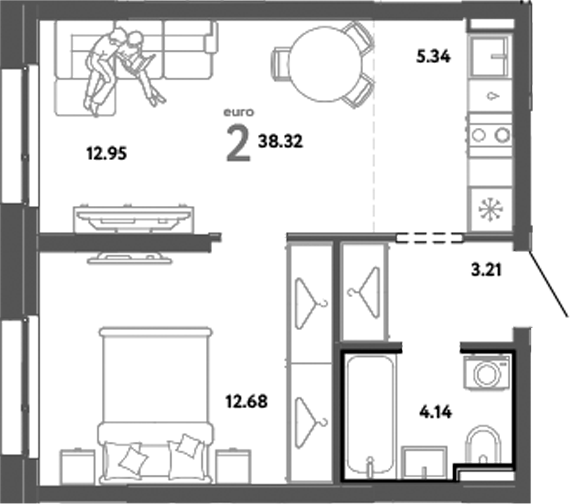 Планировка — Уральский сад, 2-комн., 38 м²