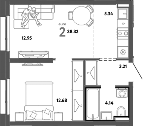 Планировка — Уральский сад, 2-комн., 38 м²