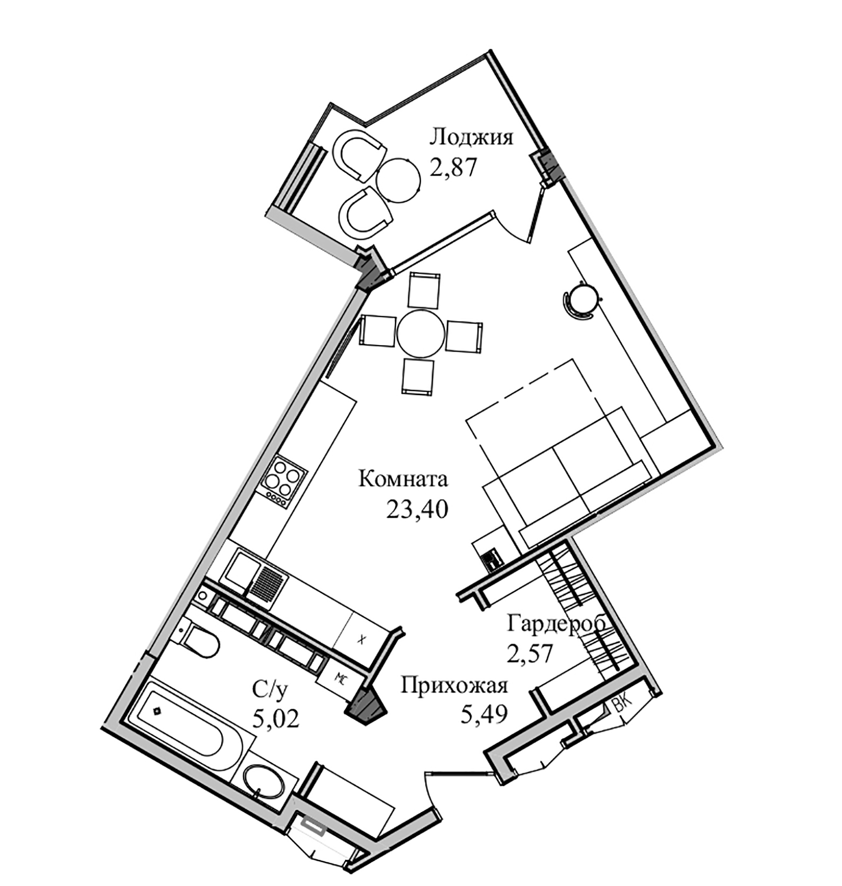 Планировка — Garden, Студия, 39 м²