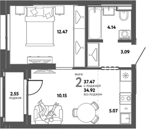 Планировка — Уральский сад, 2-комн., 35 м²