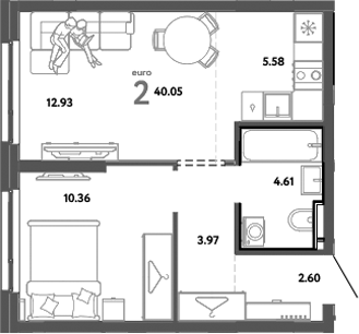 Планировка — Уральский сад, 2-комн., 40 м²