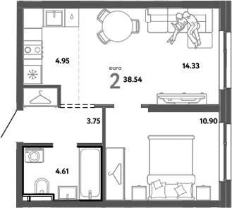 Планировка — Уральский сад, 2-комн., 39 м²
