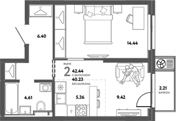 Планировка — Уральский сад, 2-комн., 40 м²