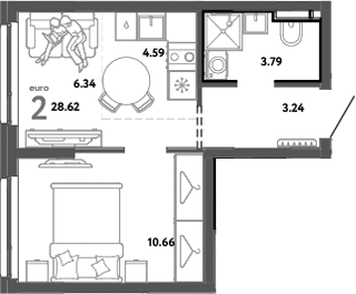 Планировка — Уральский сад, 2-комн., 29 м²
