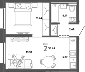 Планировка — Уральский сад, 2-комн., 37 м²