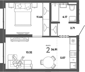 Планировка — Уральский сад, 2-комн., 37 м²