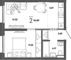 Планировка — Уральский сад, 2-комн., 37 м²