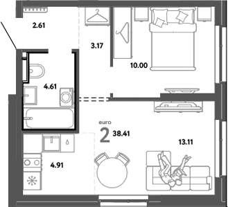 Планировка — Уральский сад, 2-комн., 38 м²