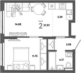 Планировка — Уральский сад, 2-комн., 38 м²