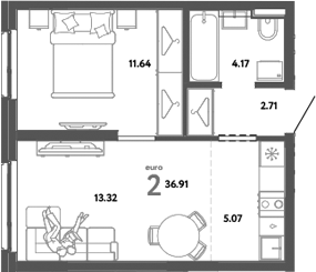 Планировка — Уральский сад, 2-комн., 37 м²