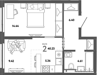 Планировка — Уральский сад, 2-комн., 40 м²
