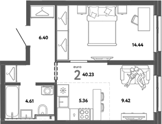 Планировка — Уральский сад, 2-комн., 40 м²