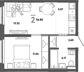 Планировка — Уральский сад, 2-комн., 37 м²