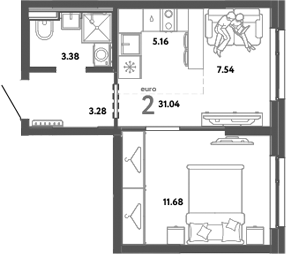 Планировка — Уральский сад, 2-комн., 31 м²