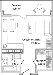 Планировка — Garden, Студия, 34 м²