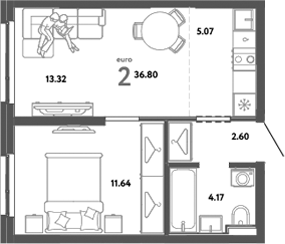 Планировка — Уральский сад, 2-комн., 37 м²