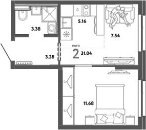Планировка — Уральский сад, 2-комн., 31 м²