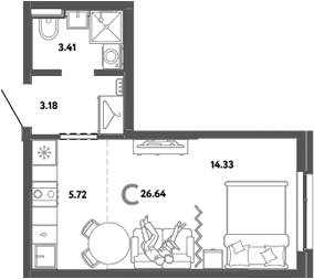 Планировка — Уральский сад, Студия, 27 м²