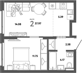 Планировка — Уральский сад, 2-комн., 38 м²