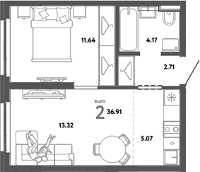 Планировка — Уральский сад, 2-комн., 37 м²